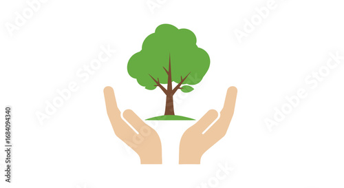 Two hands cupping a healthy green tree, symbolizing care and environmental protection.