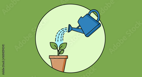A blue watering can pouring water onto a small, potted green plant, nurturing growth.
