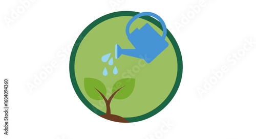 A stylized illustration of a blue watering can pouring water onto a growing plant, within a green circle.