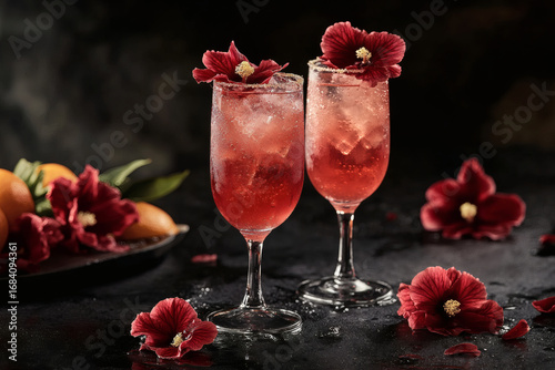 Hibiscus and orange blossom spritz in vintage flute with ice
