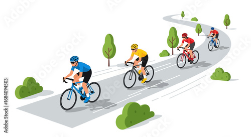 Four cyclists ride in a line on a winding road through a green, stylized landscape, showcasing teamwork and outdoor activity.