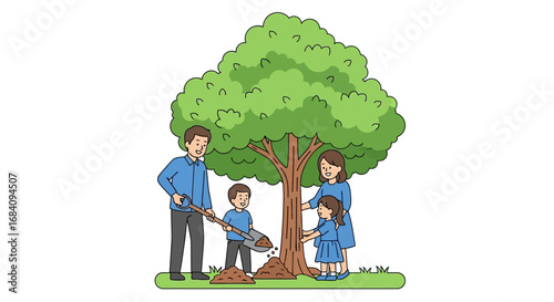 A family of four plants a tree together, with the father digging and the children and mother assisting with the sapling.