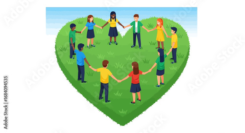 Diverse group of people holding hands in a heart-shaped field, symbolizing unity and community.