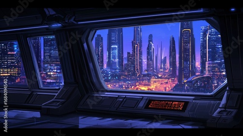 Futuristic city view from a spaceship's interior.
