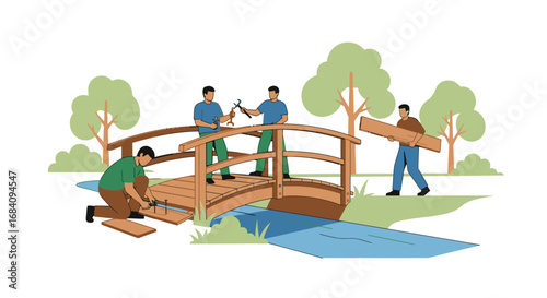 Four people collaboratively constructing a wooden bridge over a stream in a park-like setting.