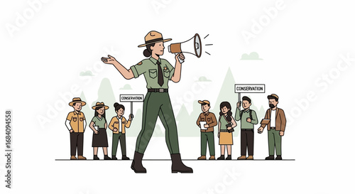 A park ranger addressing a crowd with a megaphone, likely about environmental issues.