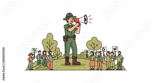 Environmental conservationist addressing a crowd with a megaphone in a park-like setting.