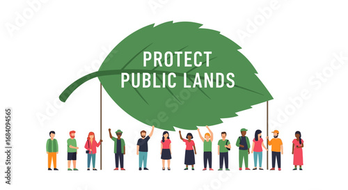 Diverse group of people supporting a large leaf promoting protection of public lands.