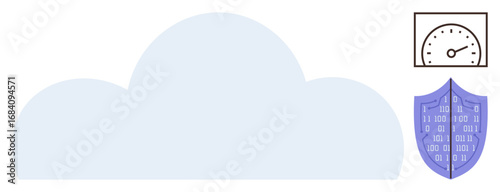 Large light blue cloud centered, with a speedometer indicating performance above a binary code shield. Ideal for cloud security, data protection, performance monitoring, IT infrastructure