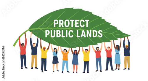 Diverse group of people collaboratively lift a giant leaf promoting public lands conservation.