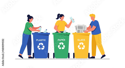 Three people sorting recyclables into plastic, paper, and glass bins.