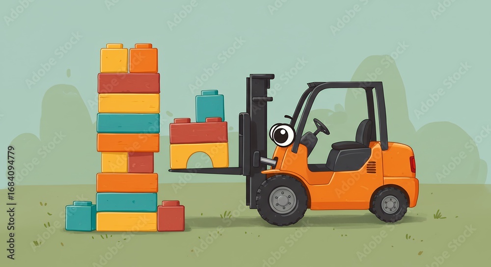 Naklejka premium Colorful building blocks being lifted by a forklift