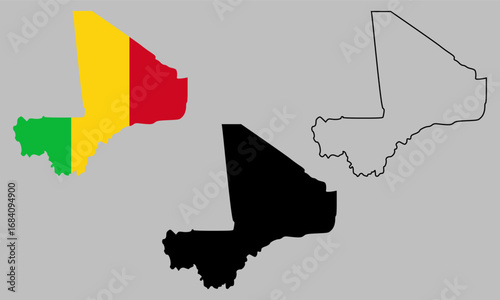 A collection of maps of Mali, including black silhouette maps, detailed outline maps, and flag themed versions.