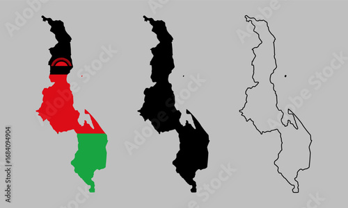 A collection of maps of Malawi, including black silhouette maps, detailed outline maps, and flag themed versions.