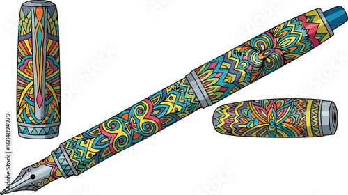 colorful mandala fountain pen intricate design, writing instrument, artist supply