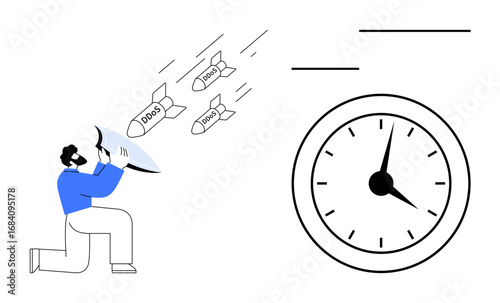 Person defends with shield against DDOSDoS representational threats, emphasizing cybersecurity, time management, and risk mitigation. Ideal for technology, cyber protection, urgency, resilience