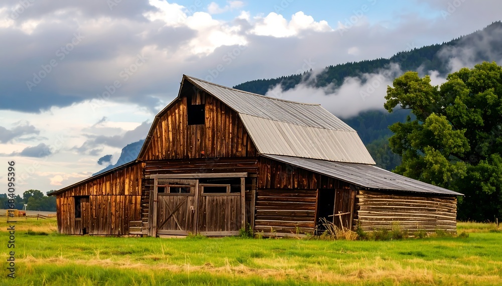 Obraz premium Rustic wooden barn in a grassy field under a cloudy sky