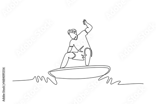 Continuous one line drawing male surfer athlete in action on small wave in low stance. Athletic power, control, rewarding feeling mastering ocean. Single line draw design vector graphic illustration