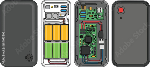 disassembled portable power bank internal components, exploded view illustration, batteries, circuit board, usb ports