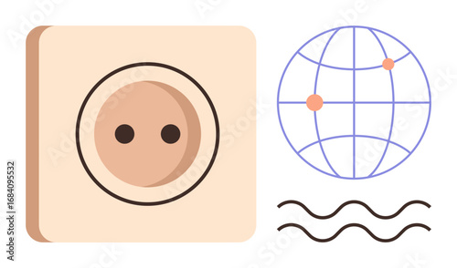 Power outlet next to a minimalistic globe and wave lines, suggesting energy flow, global connection, and sustainability. Ideal for electricity, networking, technology, communication, eco-energy