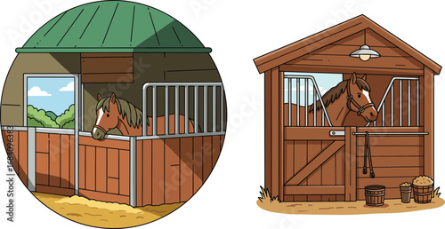 Illustrations of horses in wooden stables with green roofs and windows  