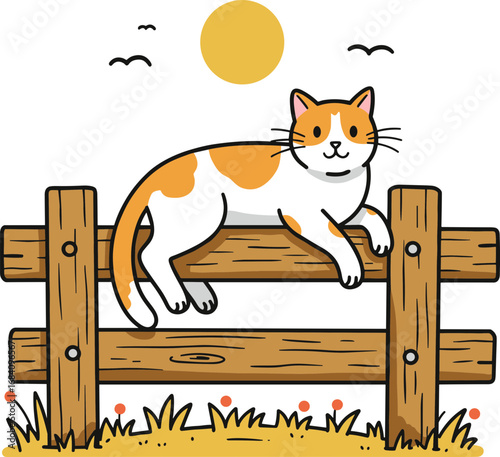 Cat lounging on a wooden fence in a sunny outdoor setting  