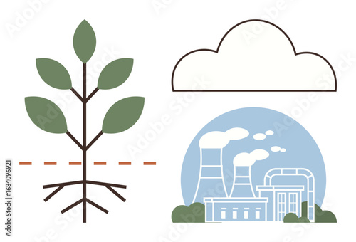 Plant with roots, cutaway soil layer, factory emitting smoke, cloud above. Ideal for environment, sustainability, climate change, pollution ecology conservation educational content. Simple flat