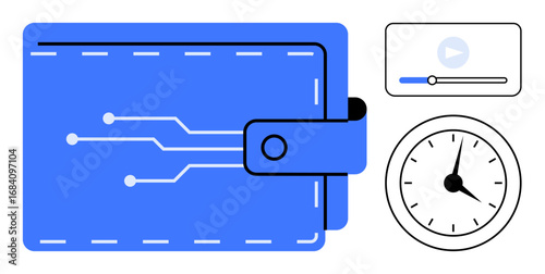 Blue wallet with circuit lines, playback bar with play icon, and clock emphasizing digital economy, time management, and technology. Ideal for tech, finance, time-saving, innovation and efficiency