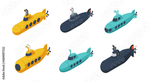 Colorful collection of isometric submarines on white background