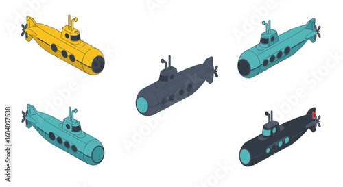 Colorful isometric submarine collection for nautical designs