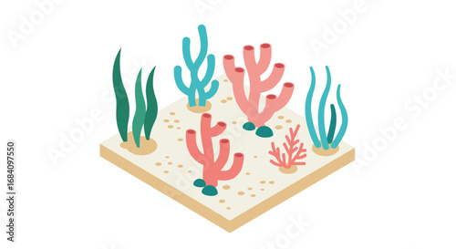 Isometric coral garden featuring vibrant marine life