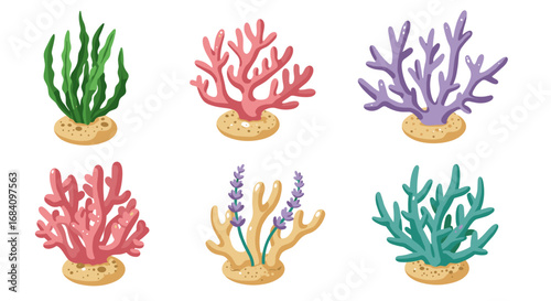 Colorful cartoon corals set on white background for ocean and marine decor