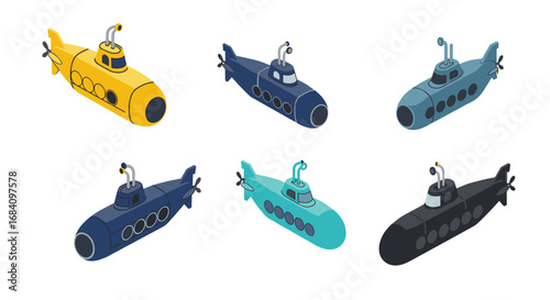Colorful isometric submarine set with nautical design in various shades