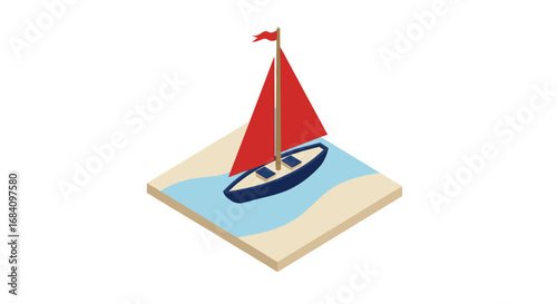 Isometric sailboat on water with red sail and blue hull