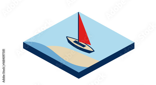 Minimalist sailboat on blue ocean with sandy beach
