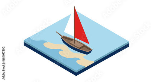 Isometric sailing boat on ocean waves with red sail and blue water