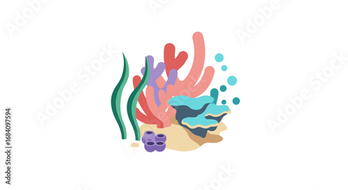 Colorful coral reef composition with marine plants and bubbles