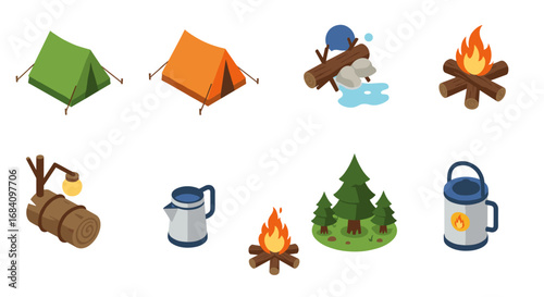 Colorful isometric camping icons set featuring tents, campfire, and outdoor gear