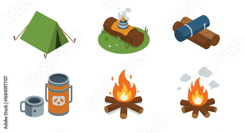 Isometric camping essentials: tent, campfire, sleeping bag, and more
