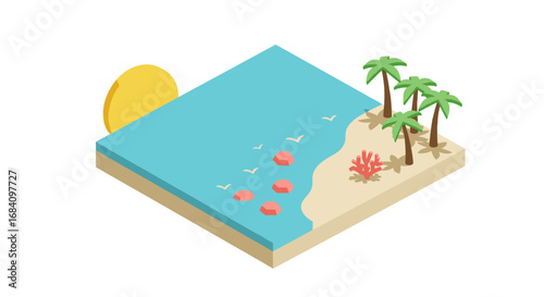 Isometric tropical beach scene with palm trees and ocean view