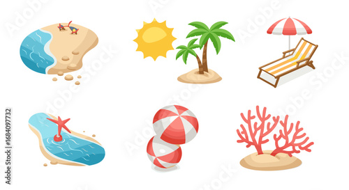 Isometric summer icons: beach, sun, palm trees, and more