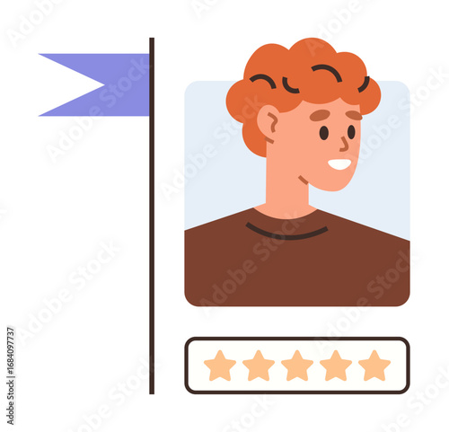 Smiling person portrait framed with rating stars and flag banner. Ideal for review, feedback, evaluation, personal achievement, online profile, rating system, simple flat metaphor
