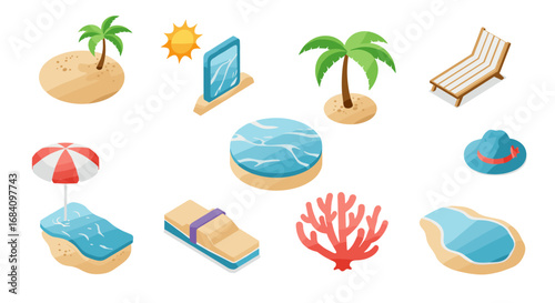 Isometric beach elements with palm trees, sun, pool, and coral in vibrant summer colors