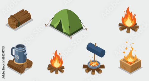 Camping essentials collection: tent, campfire, and cooking gear in isometric style