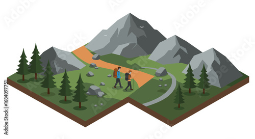Isometric hiking scene with mountains and pine trees in vector style