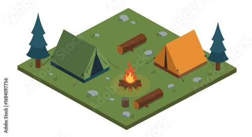 Isometric campground scene: tents, campfire, trees, and logs in a forest setting