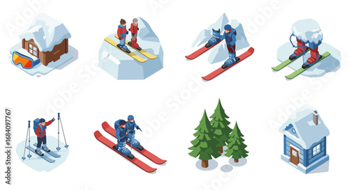 Isometric winter activities: skiing adventures and snowy cabins