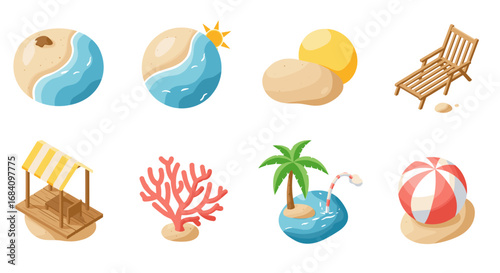 Isometric summer icon set featuring beach elements and tropical scenes