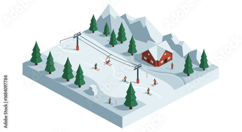 Winter ski resort scene with skiers in isometric mountain landscape