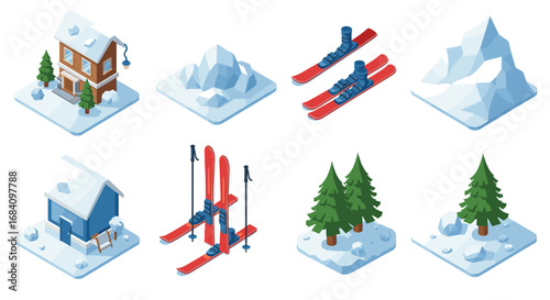 Isometric winter elements with skis and snowy trees for seasonal designs